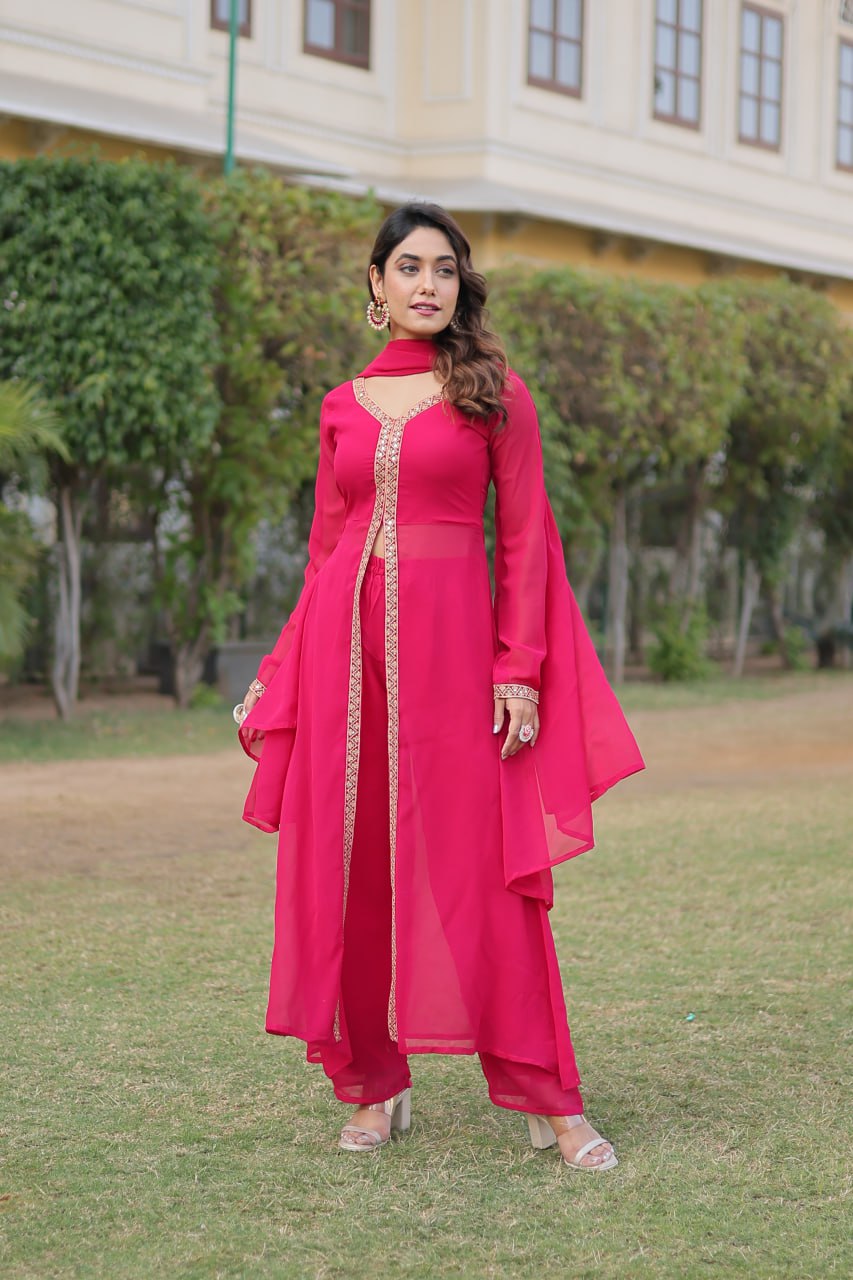 Pink Colour Faux Blooming With Embroidered Work Kurti Suit
