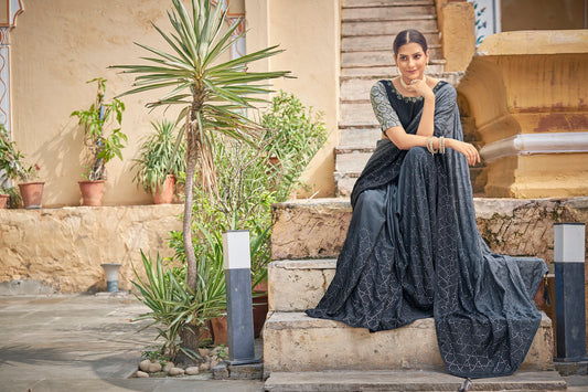 Grey Padding Chinon Thread With Sequins Work Saree