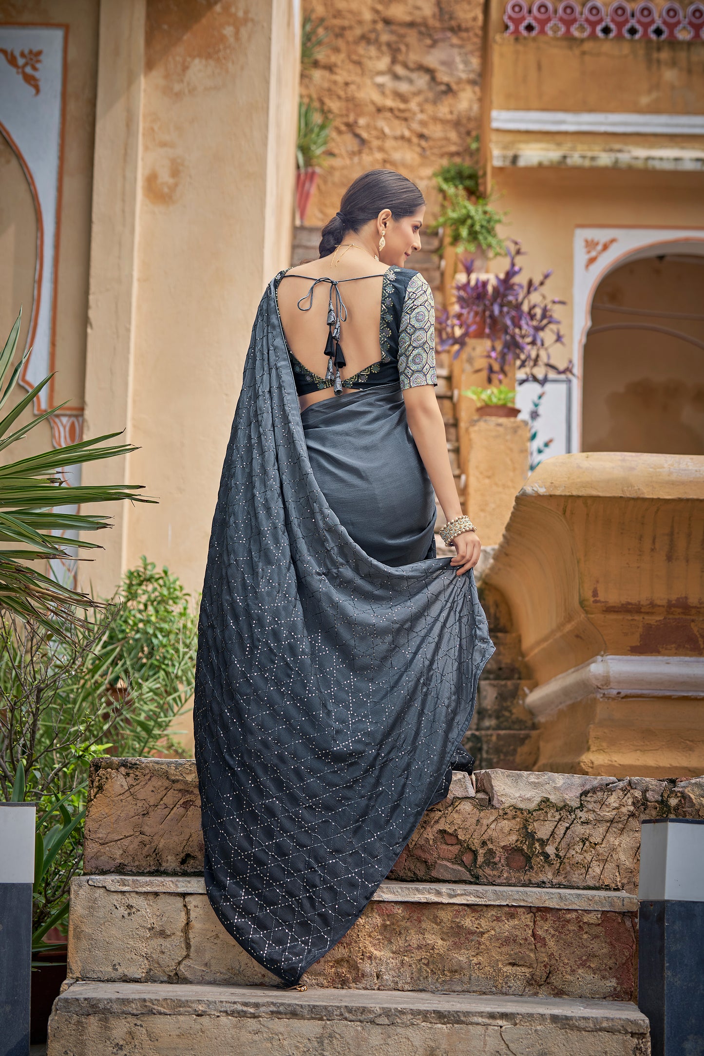 Grey Padding Chinon Thread With Sequins Work Saree