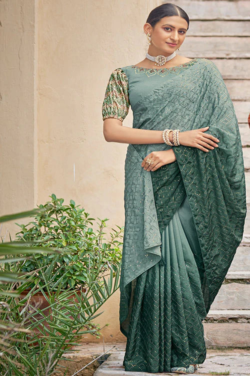 Green Color Padding Chinon Thread With Sequins Work Saree
