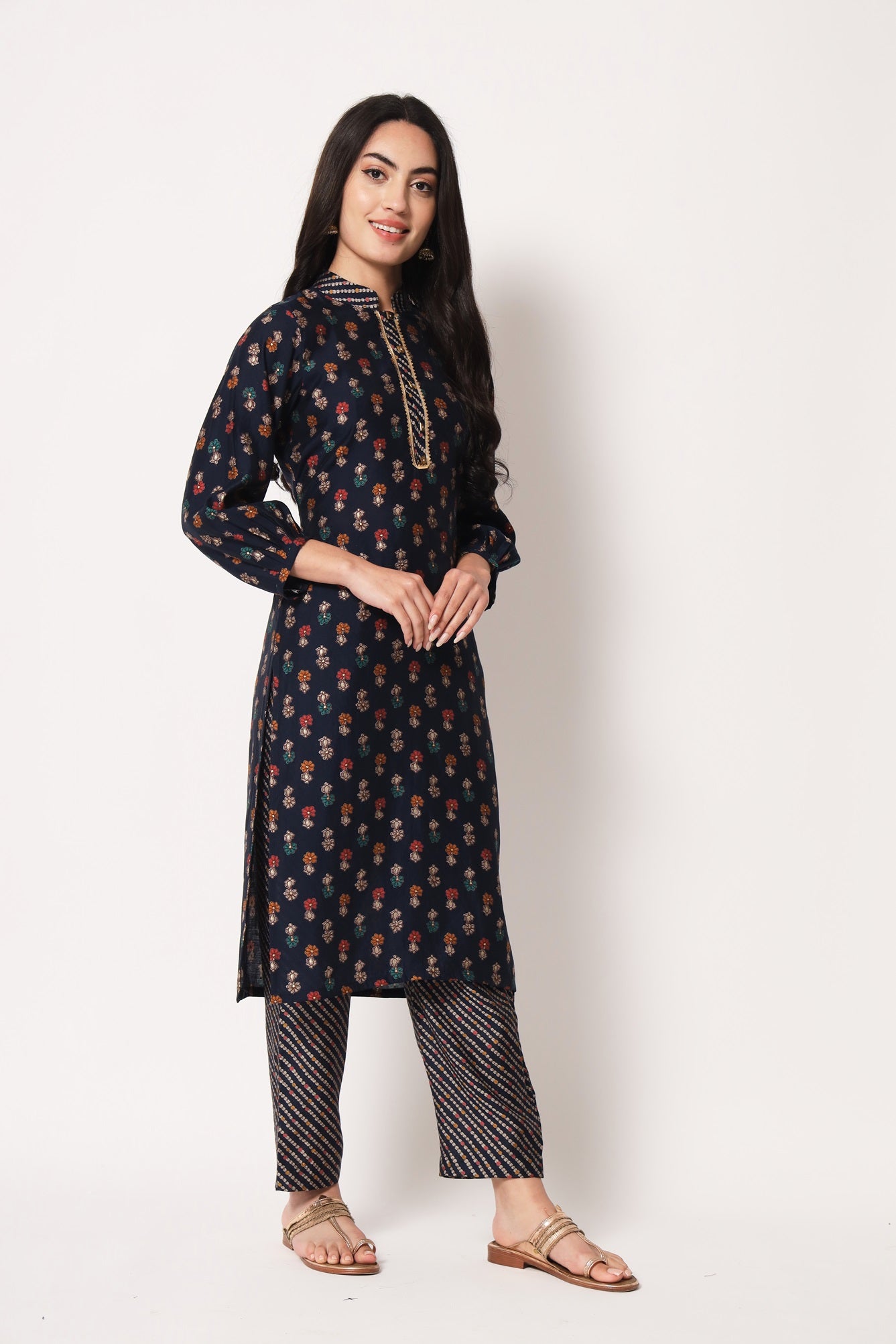 Blue Color Office Wear Chanderi Silk Stitched Foil Print Kurta Pant Set