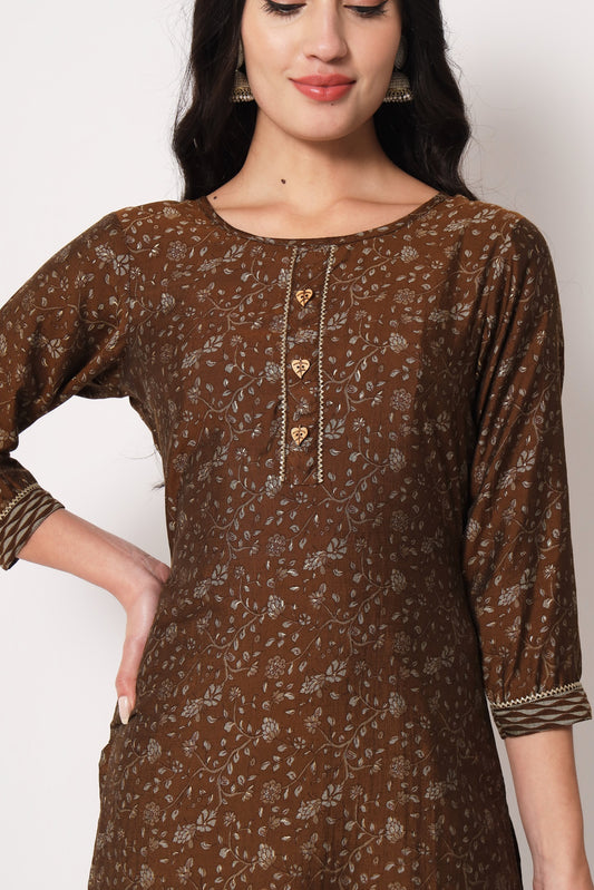 Brown Color Office Wear Chanderi Silk Stitched Foil Print Kurta Pant Set