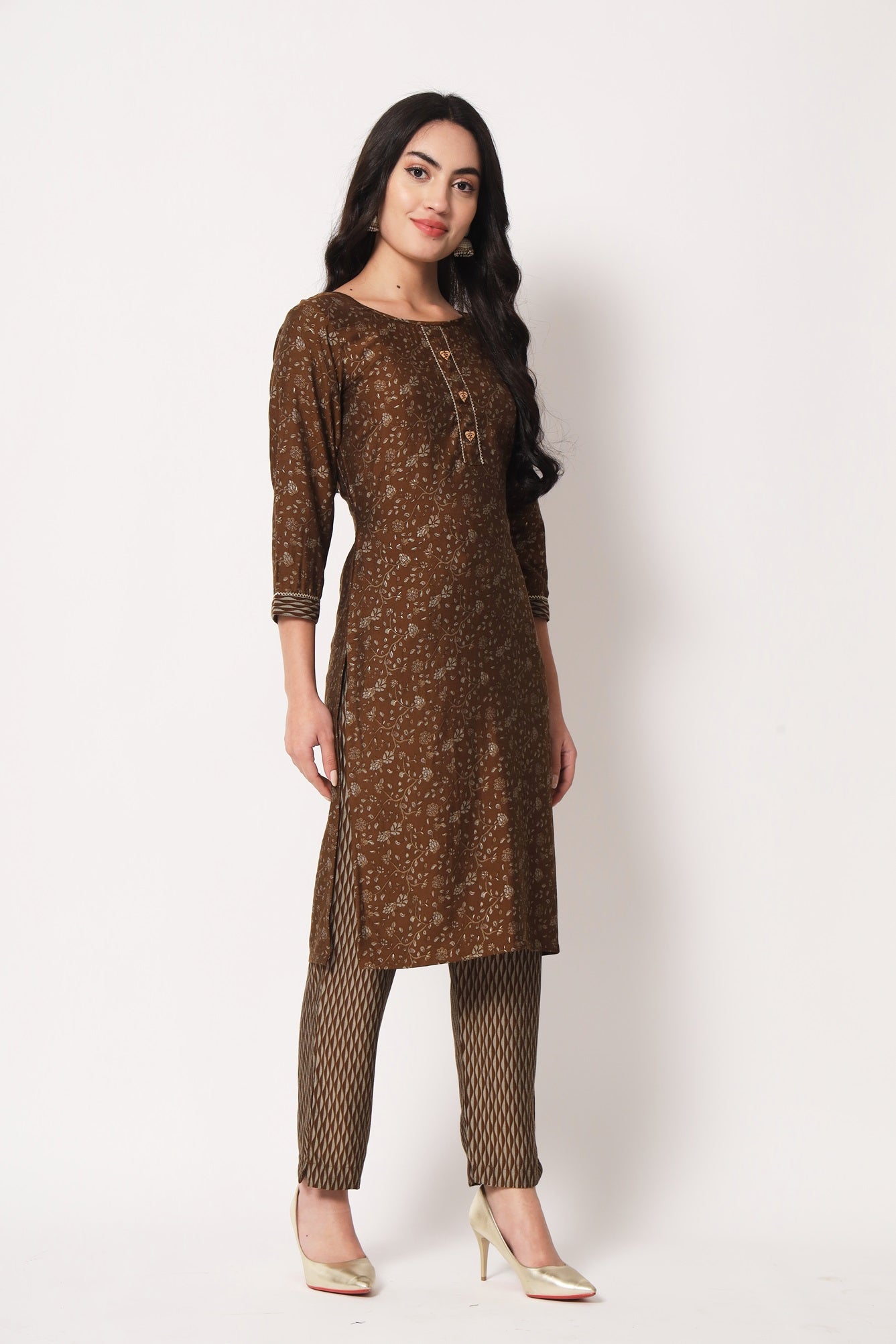 Brown Color Office Wear Chanderi Silk Stitched Foil Print Kurta Pant Set