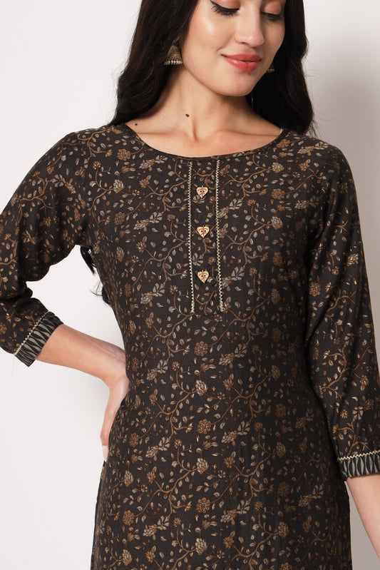 Charcoal Gray Color Office Wear Chanderi Silk Stitched Foil Print Kurta Pant Set