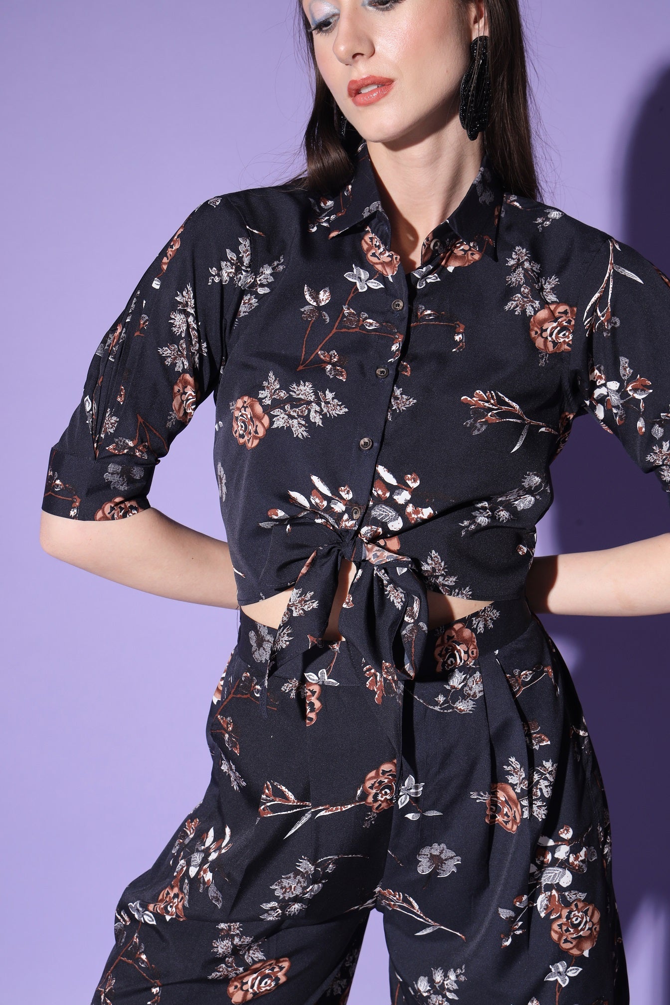 Black Designer Floral Printed Top And Bottom Co-Ord Set