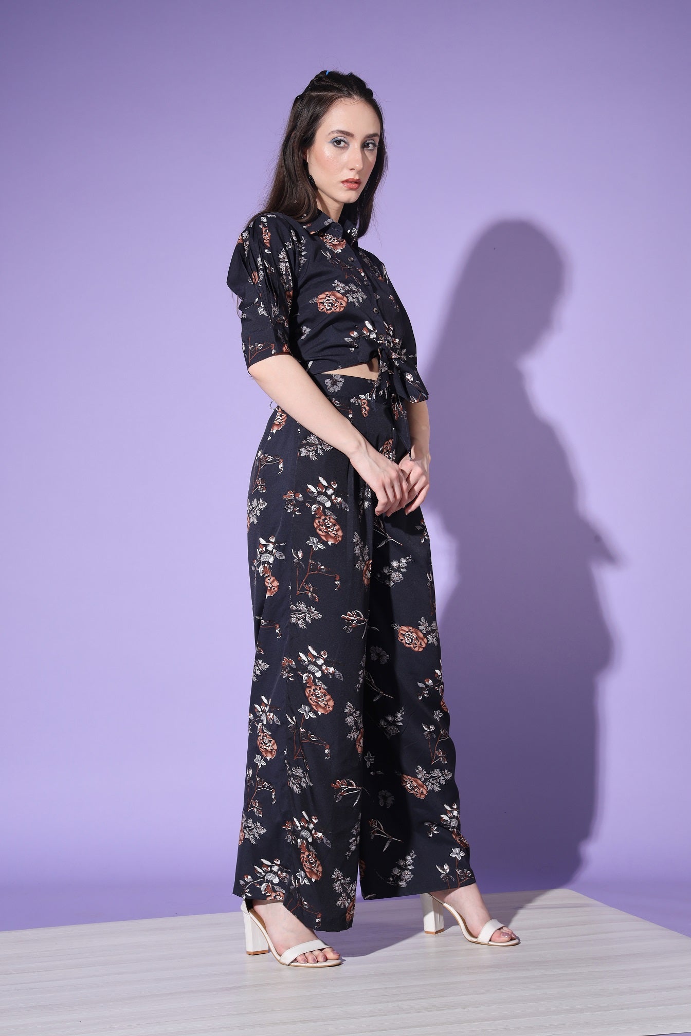 Black Designer Floral Printed Top And Bottom Co-Ord Set