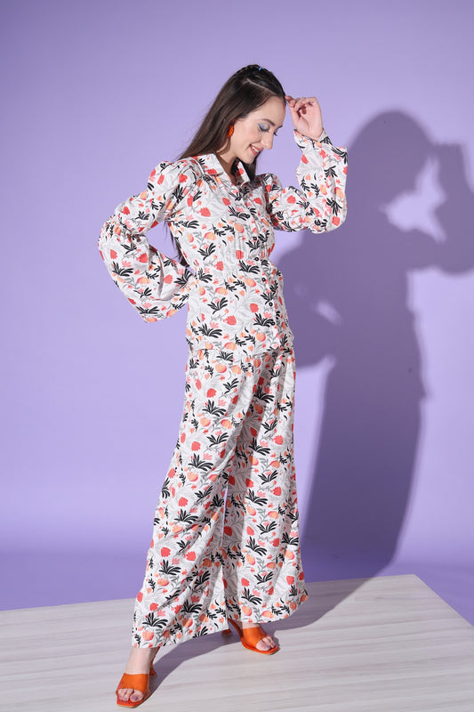 White Designer Floral Printed Top And Bottom Co-Ord Set