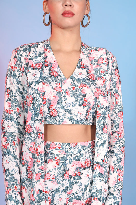 White Color Floral Printed Work Co-Ord Set