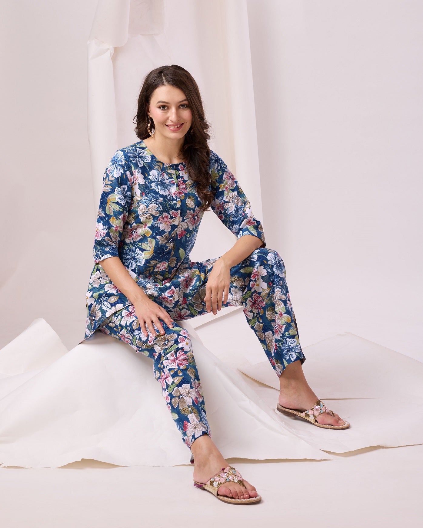 Glamorous Blue Digital Printed Cotton Top Palazzo Co-Ord Set