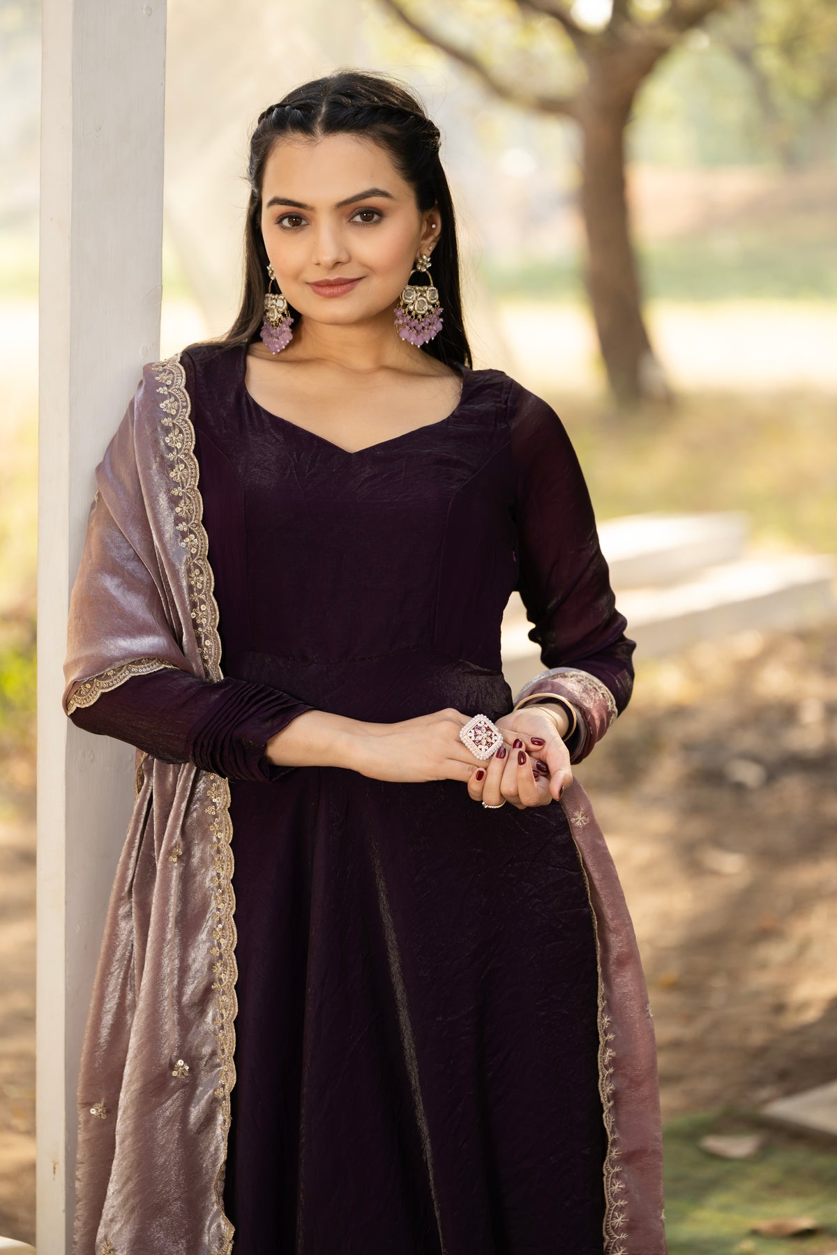 Deep Purple Space Silk Gown with Zari Embroidered & Scalloped Border Dupatta