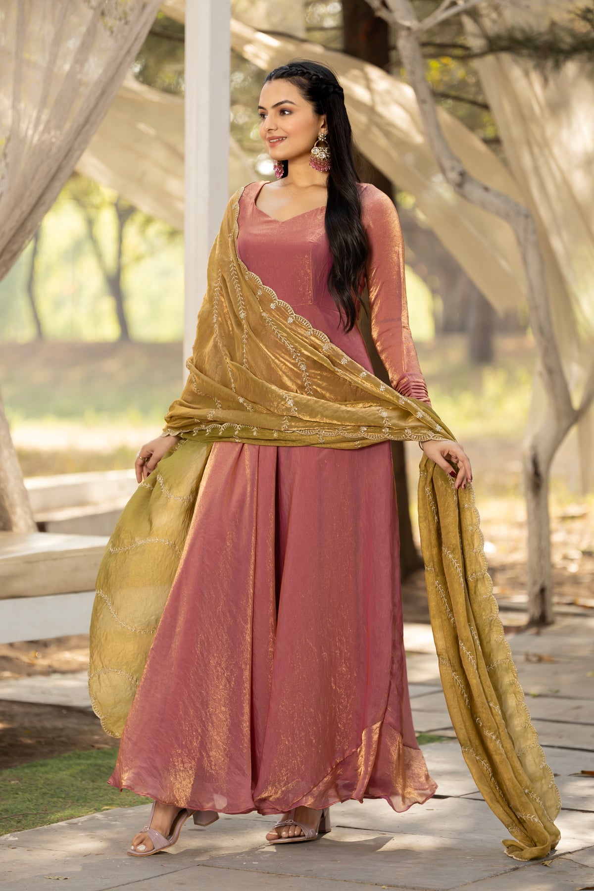 Dusty Rose Pink Space Silk Gown with Zari Embroidered & Scalloped Border Dupatta
