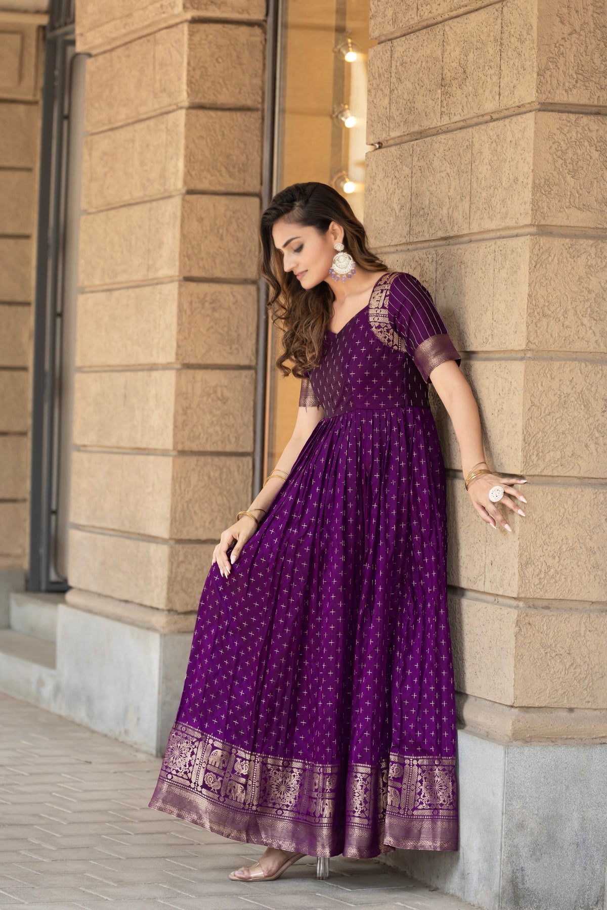 Deep Purple Soft Silk Flared Gown with Intricate Zari Weave & Woven Border