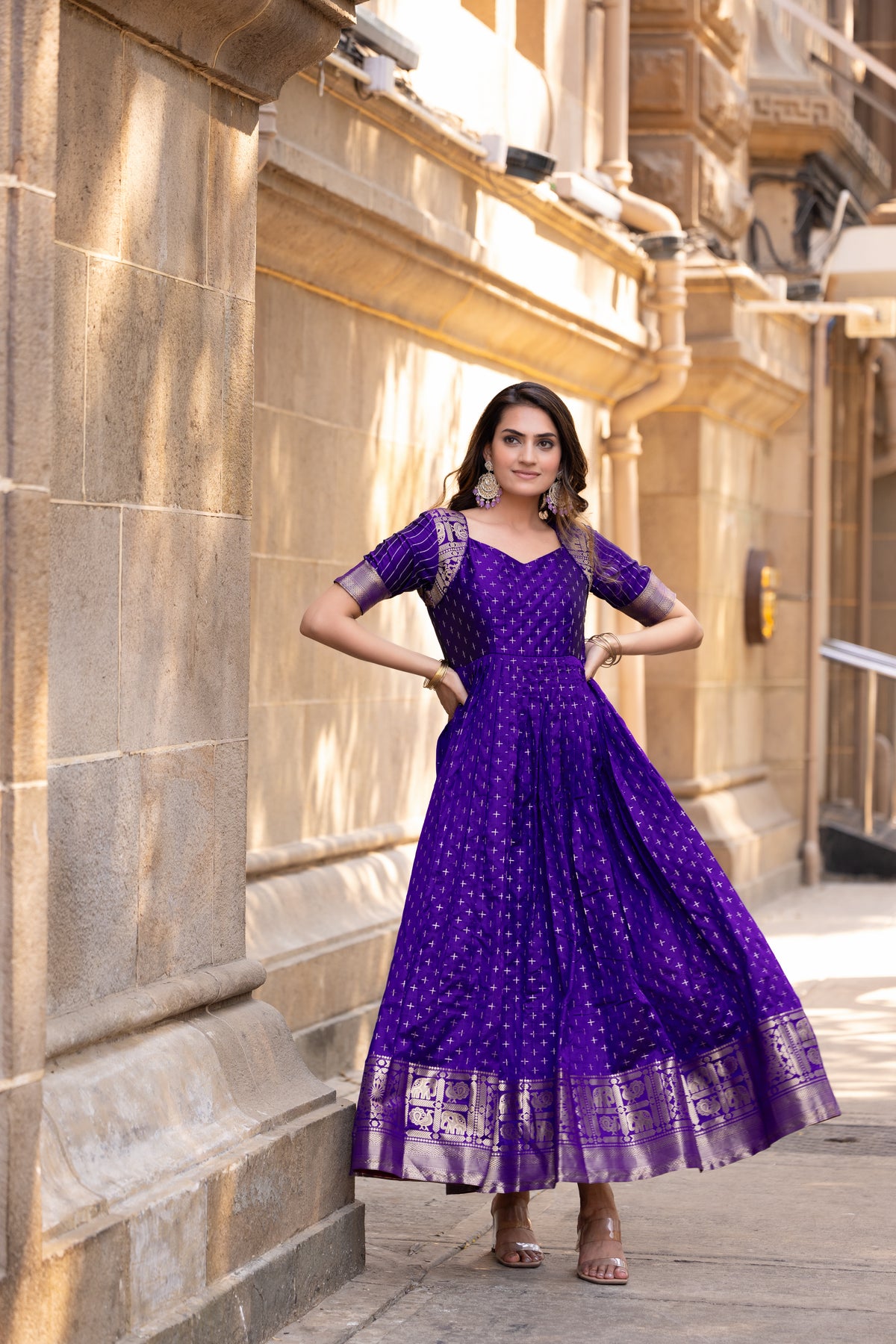 Deep Purple Soft Silk Flared Gown with Intricate Zari Weave & Woven Border