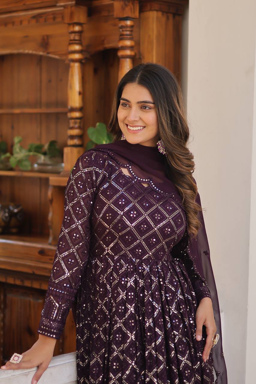 Wine Colour Faux Blooming With Sequins Embroidered Work Gown With Dupatta