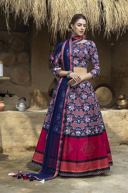 Navy Blue Printed Semi Stitched Lehenga Choli with Dupatta