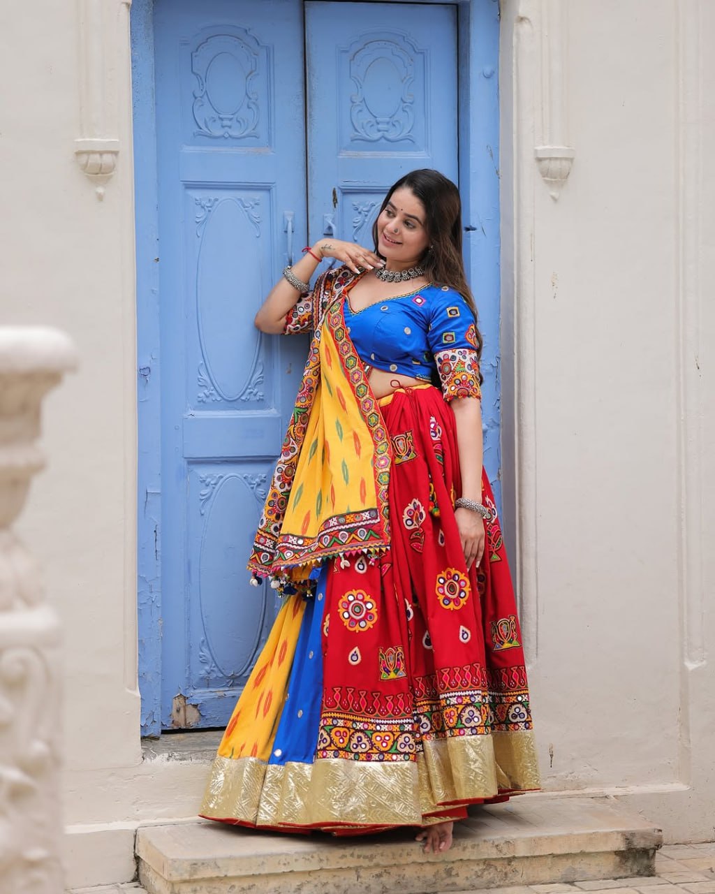 Blue Red Fancy Digital Print Real Mirror Work Navaratri Lehenga Choli