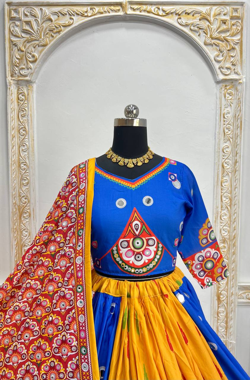 Blue Red Fancy Digital Print Real Mirror Work Navaratri Lehenga Choli