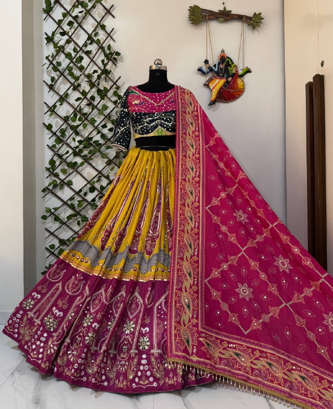 Yellow & Rani Pink Heavy Muslin Cotton Beautiful Digital Print & Real Mirror Work Navratri Chaniya Choli Set