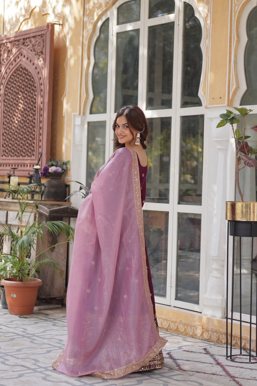 Wine Star Blooming With Embroidery Zari Sequins Work Gown