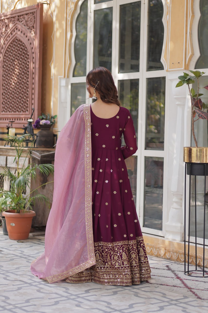 Wine Star Blooming With Embroidery Zari Sequins Work Gown