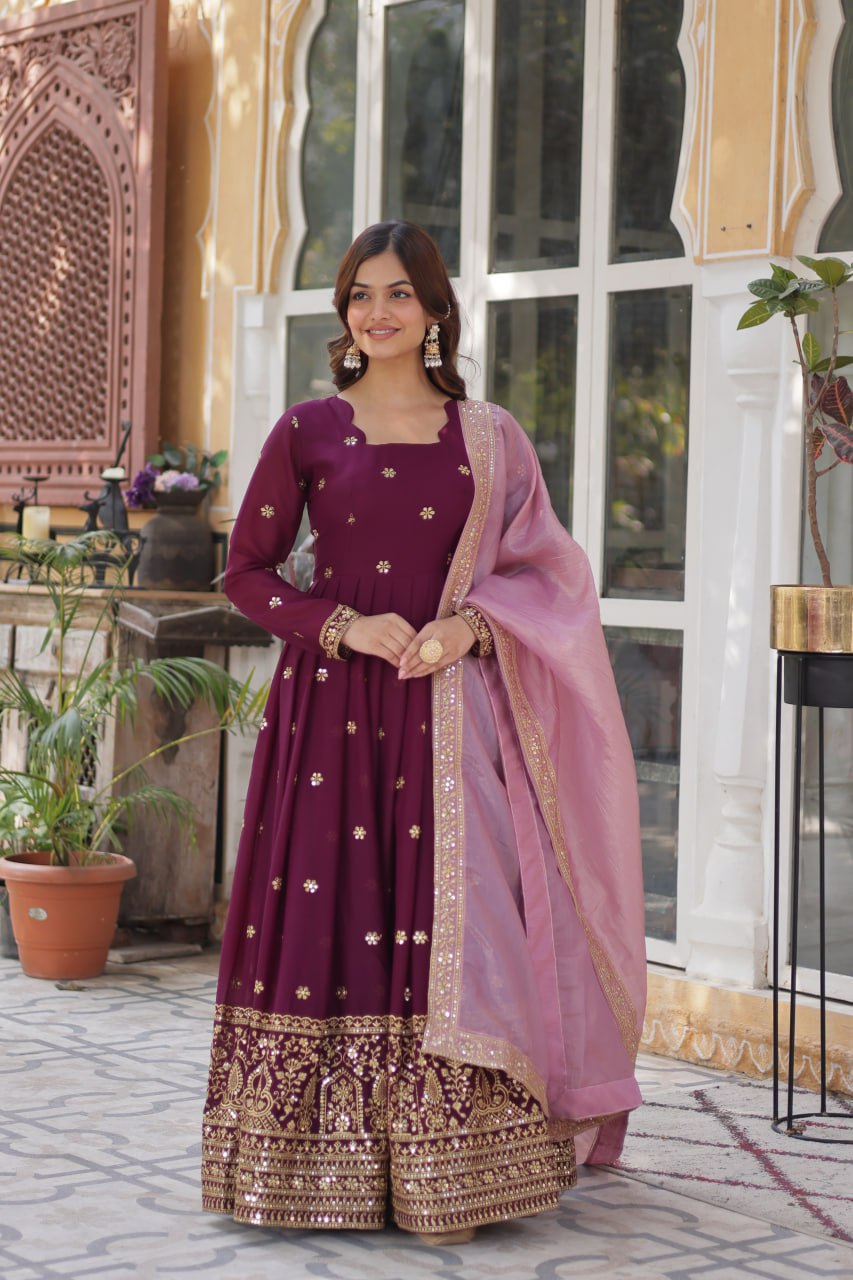 Wine Star Blooming With Embroidery Zari Sequins Work Gown
