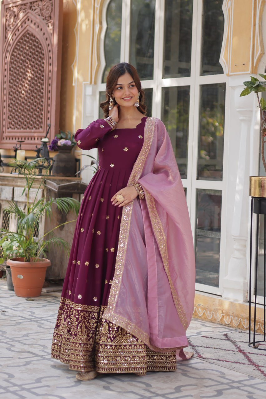Wine Star Blooming With Embroidery Zari Sequins Work Gown