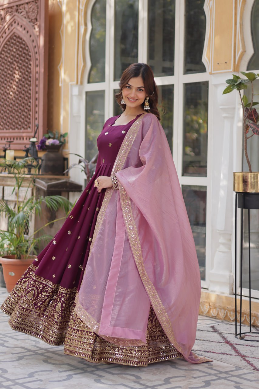 Wine Star Blooming With Embroidery Zari Sequins Work Gown