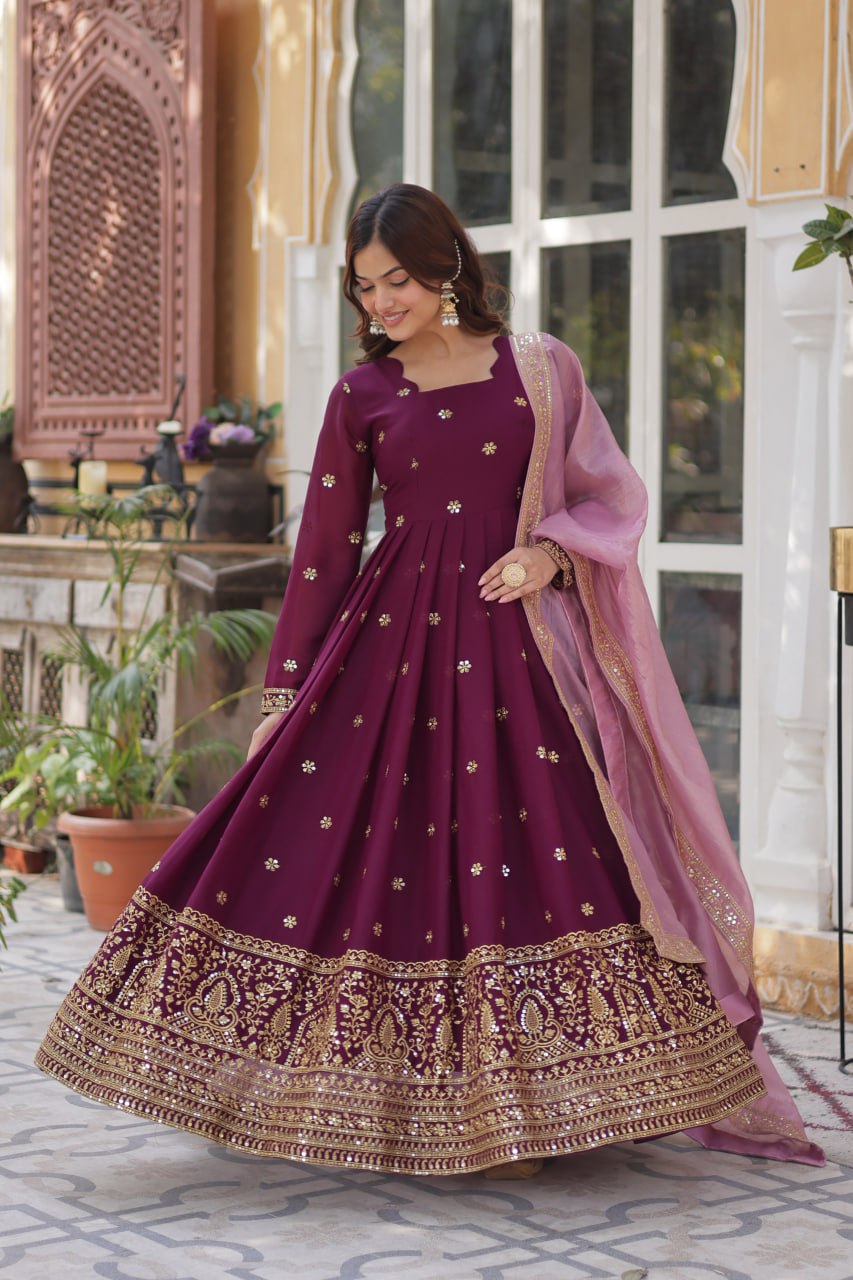 Wine Star Blooming With Embroidery Zari Sequins Work Gown