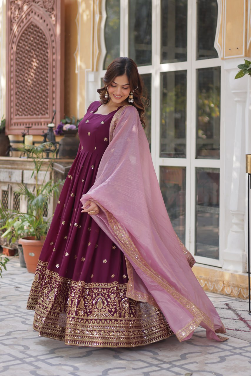 Wine Star Blooming With Embroidery Zari Sequins Work Gown