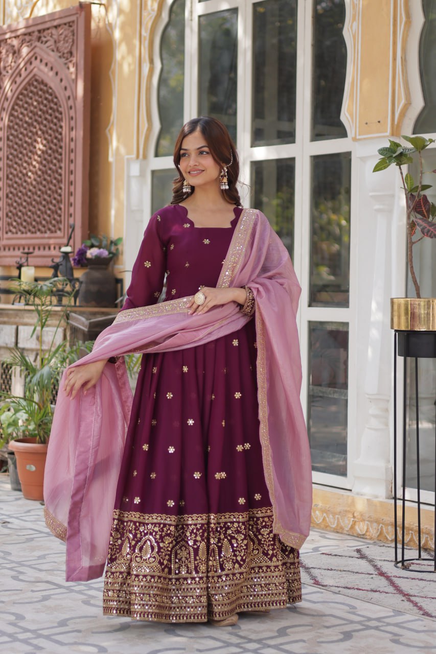 Wine Star Blooming With Embroidery Zari Sequins Work Gown