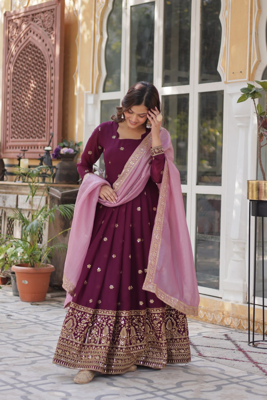 Wine Star Blooming With Embroidery Zari Sequins Work Gown