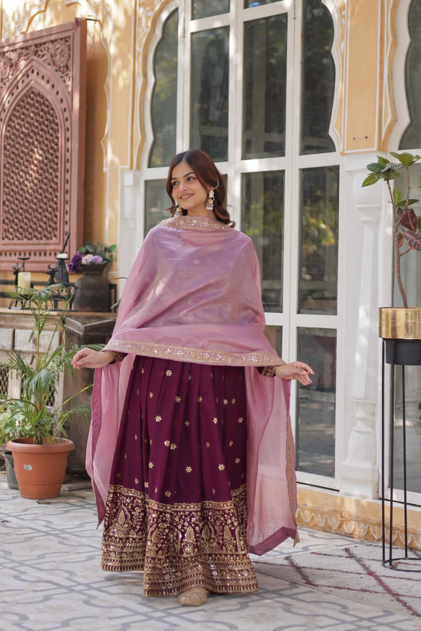Wine Star Blooming With Embroidery Zari Sequins Work Gown