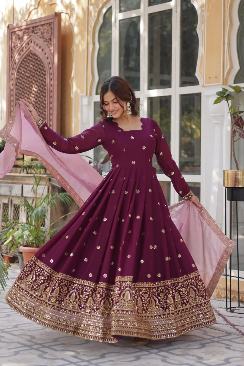 Wine Star Blooming With Embroidery Zari Sequins Work Gown