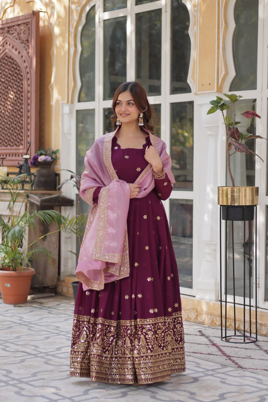 Wine Star Blooming With Embroidery Zari Sequins Work Gown