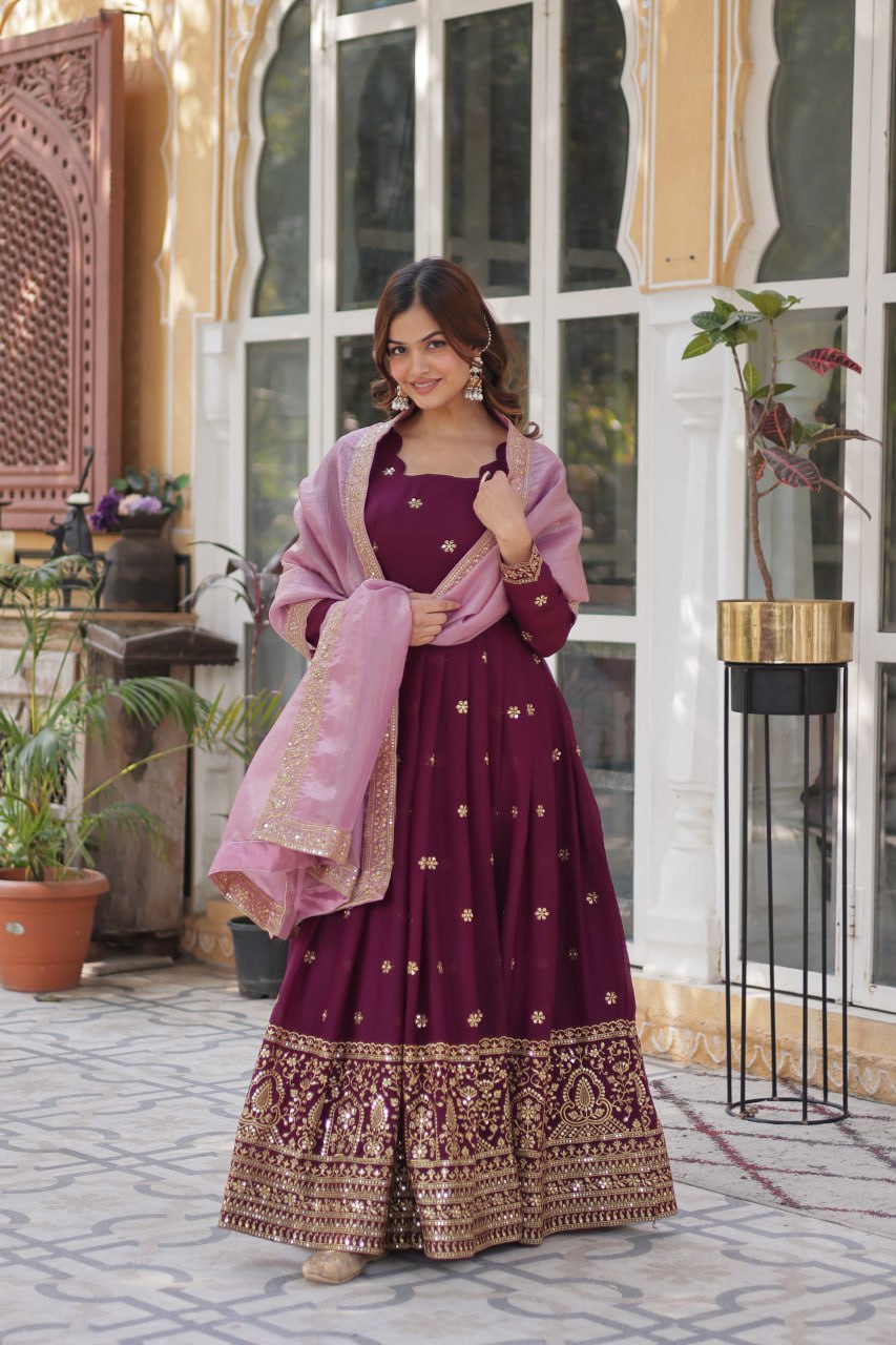 Wine Star Blooming With Embroidery Zari Sequins Work Gown