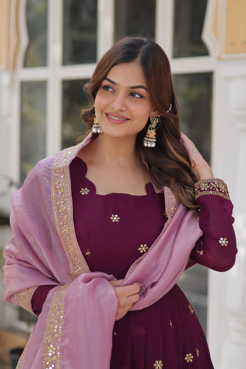 Wine Star Blooming With Embroidery Zari Sequins Work Gown
