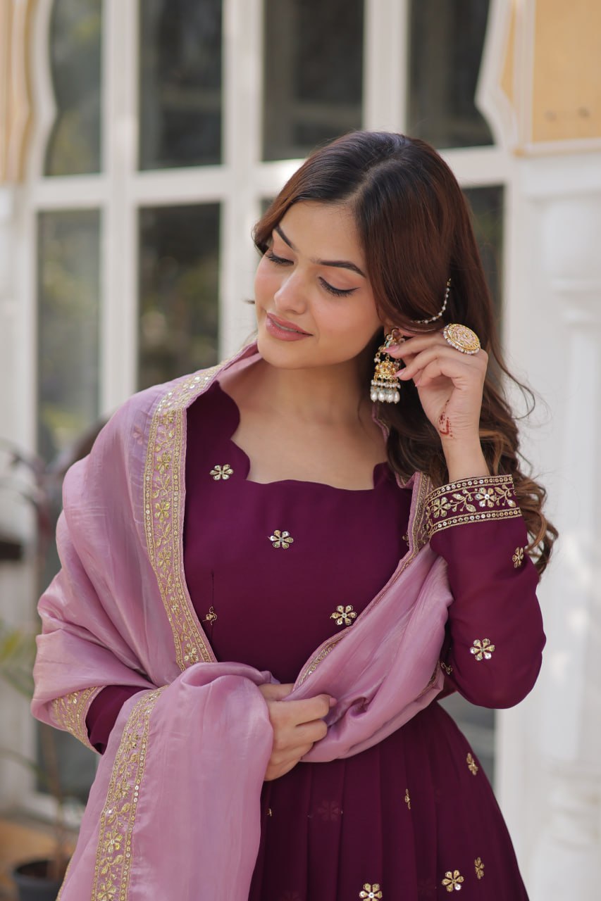 Wine Star Blooming With Embroidery Zari Sequins Work Gown