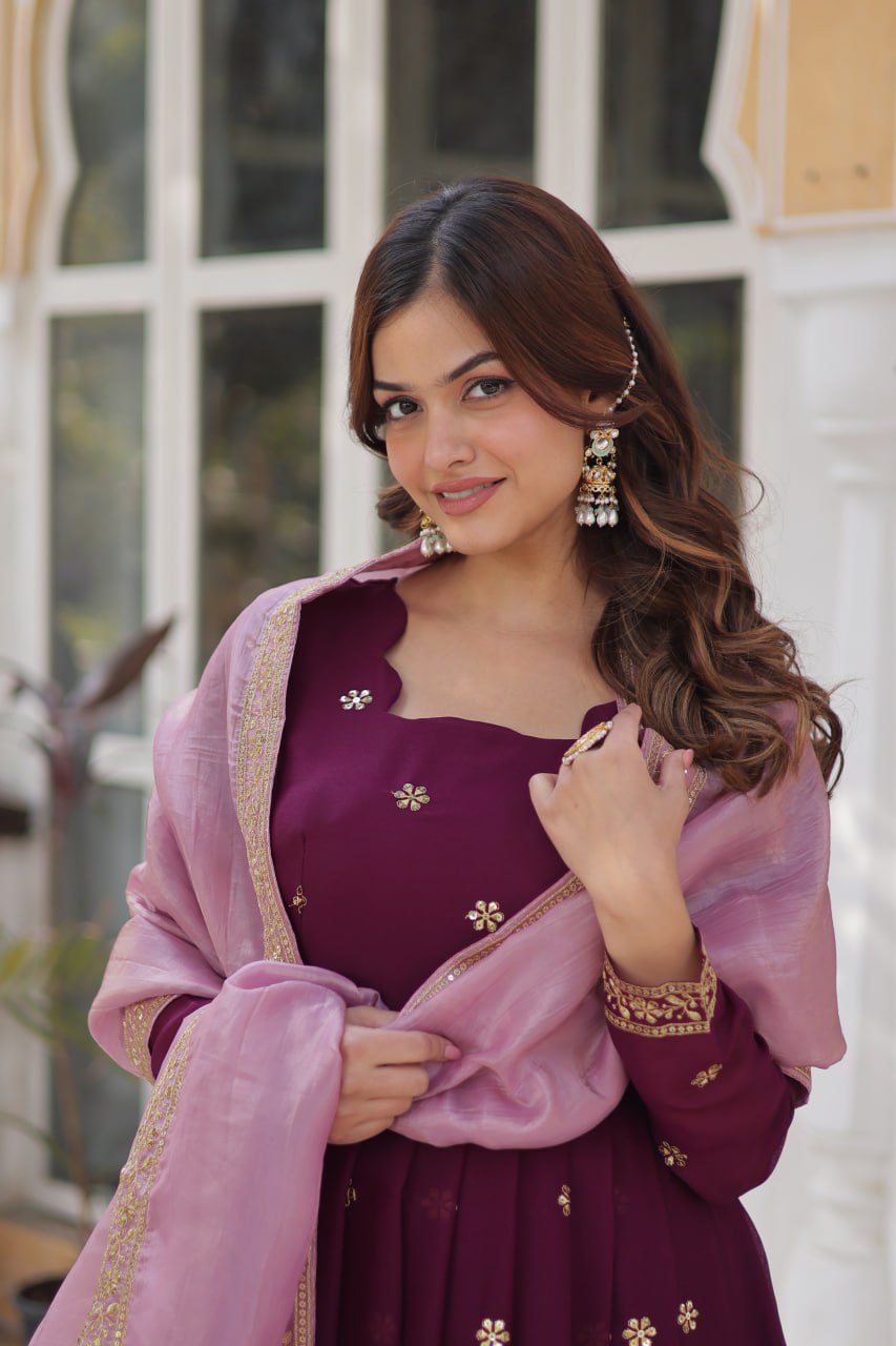 Wine Star Blooming With Embroidery Zari Sequins Work Gown