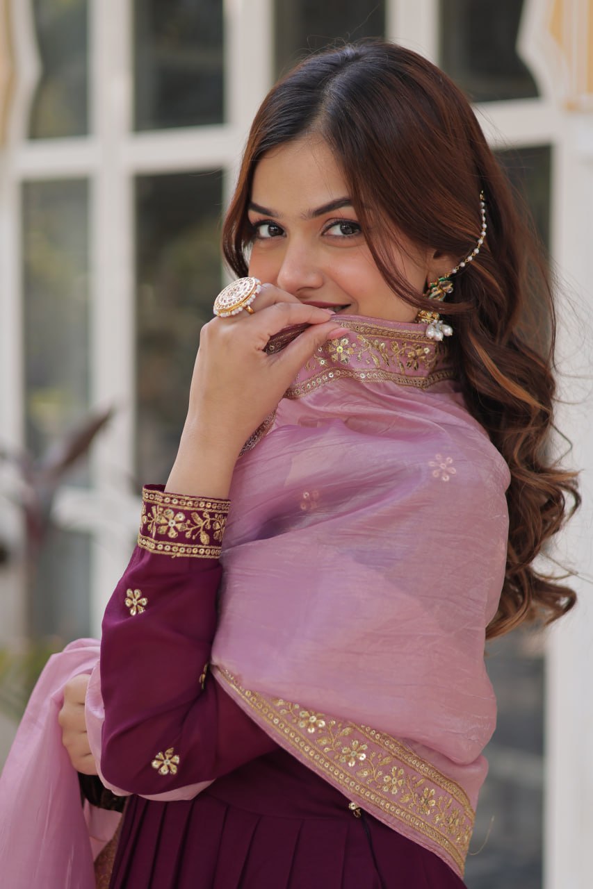 Wine Star Blooming With Embroidery Zari Sequins Work Gown