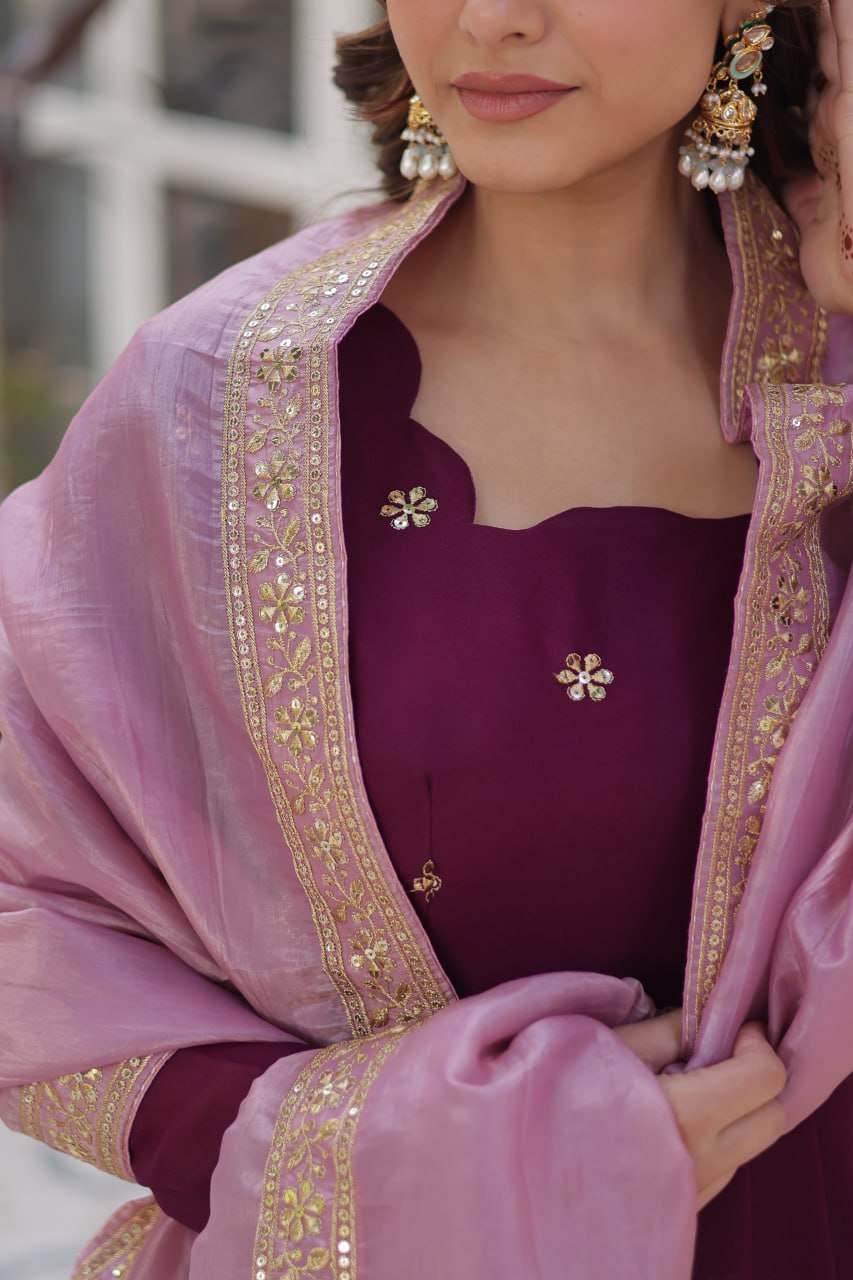 Wine Star Blooming With Embroidery Zari Sequins Work Gown