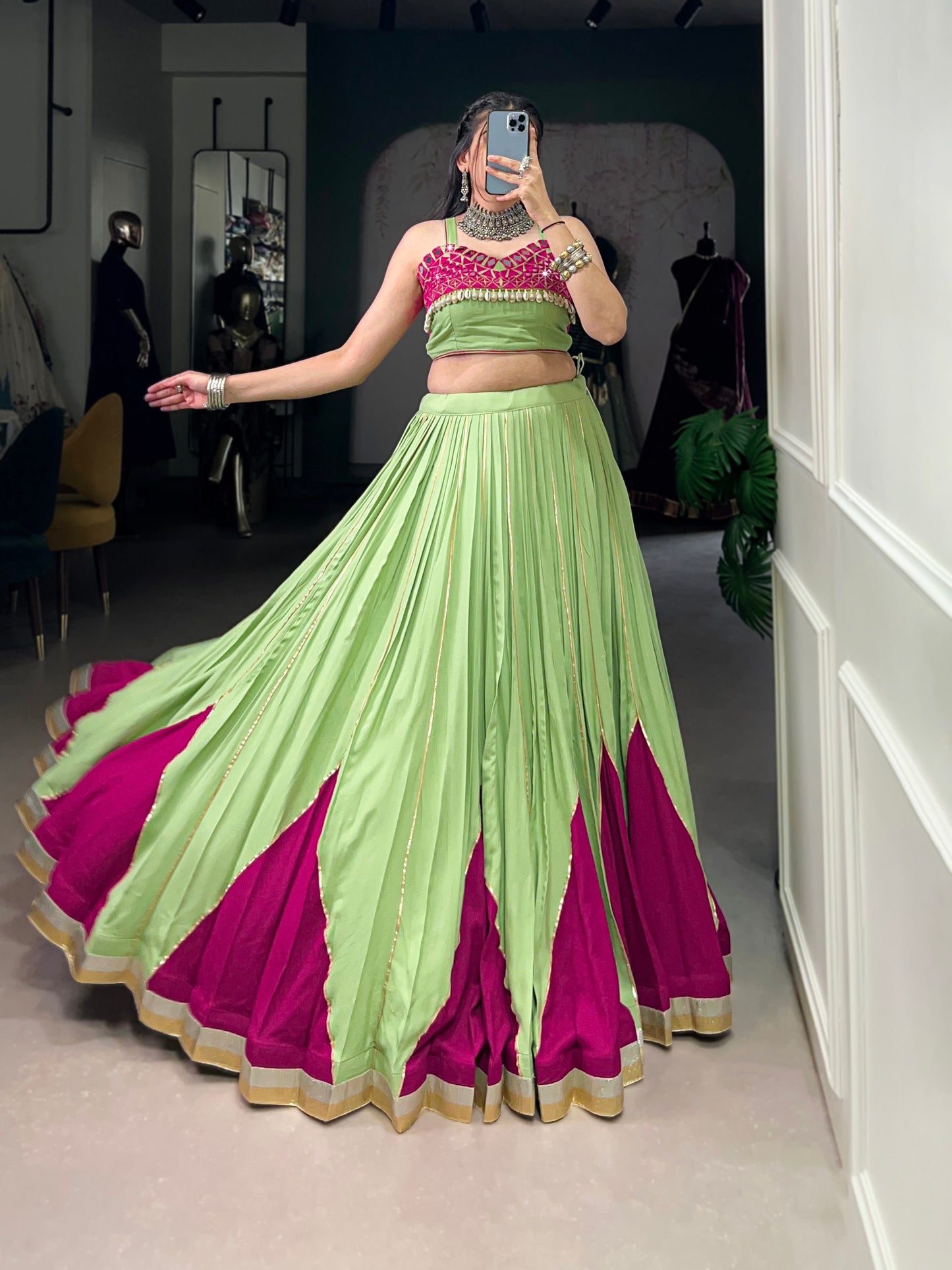 Parrot Pure Rayon Original Mirror With Kodi Work Navaratri Lehenga Choli