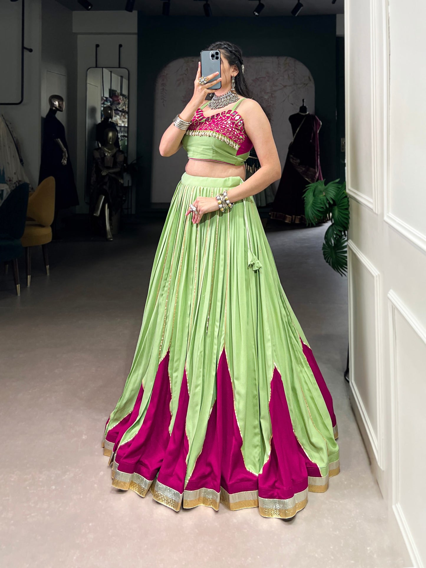 Parrot Pure Rayon Original Mirror With Kodi Work Navaratri Lehenga Choli
