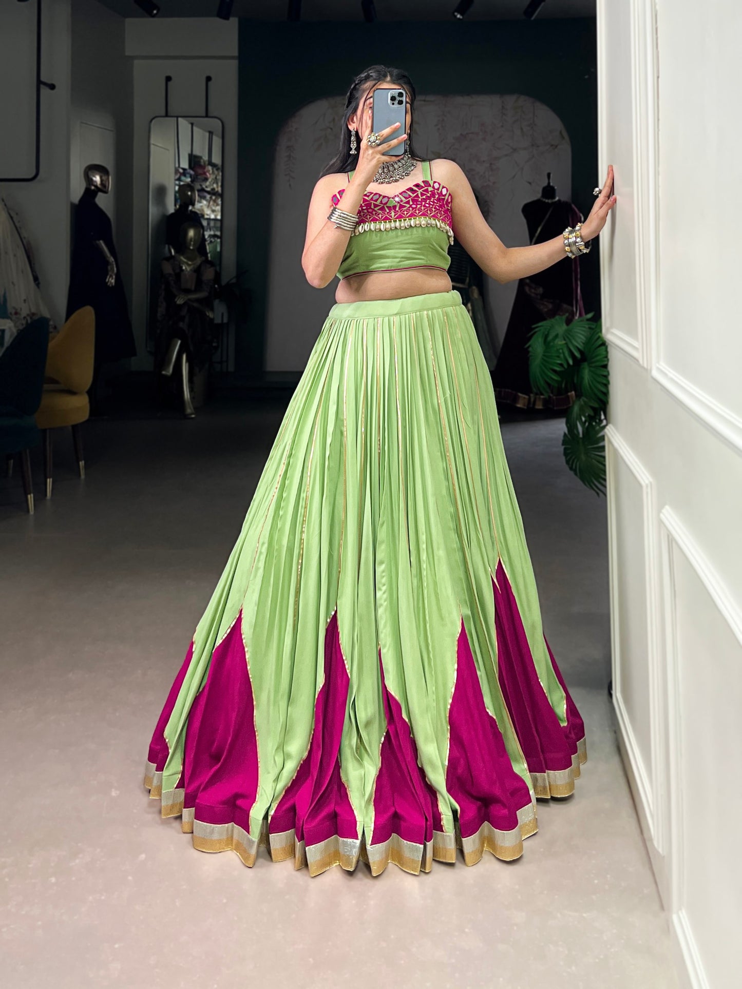 Parrot Pure Rayon Original Mirror With Kodi Work Navaratri Lehenga Choli