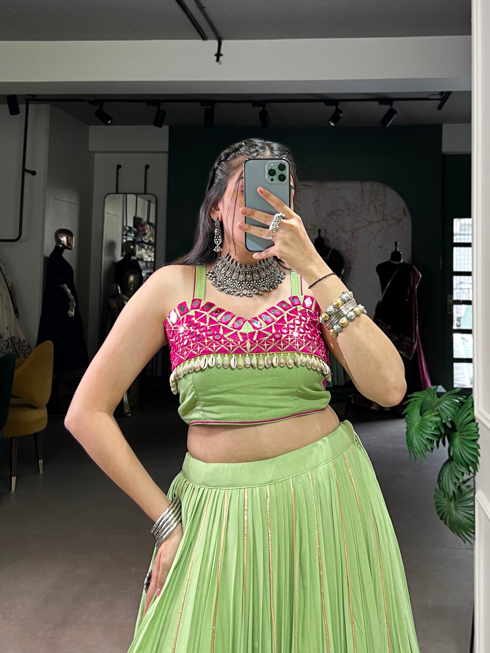 Parrot Pure Rayon Original Mirror With Kodi Work Navaratri Lehenga Choli