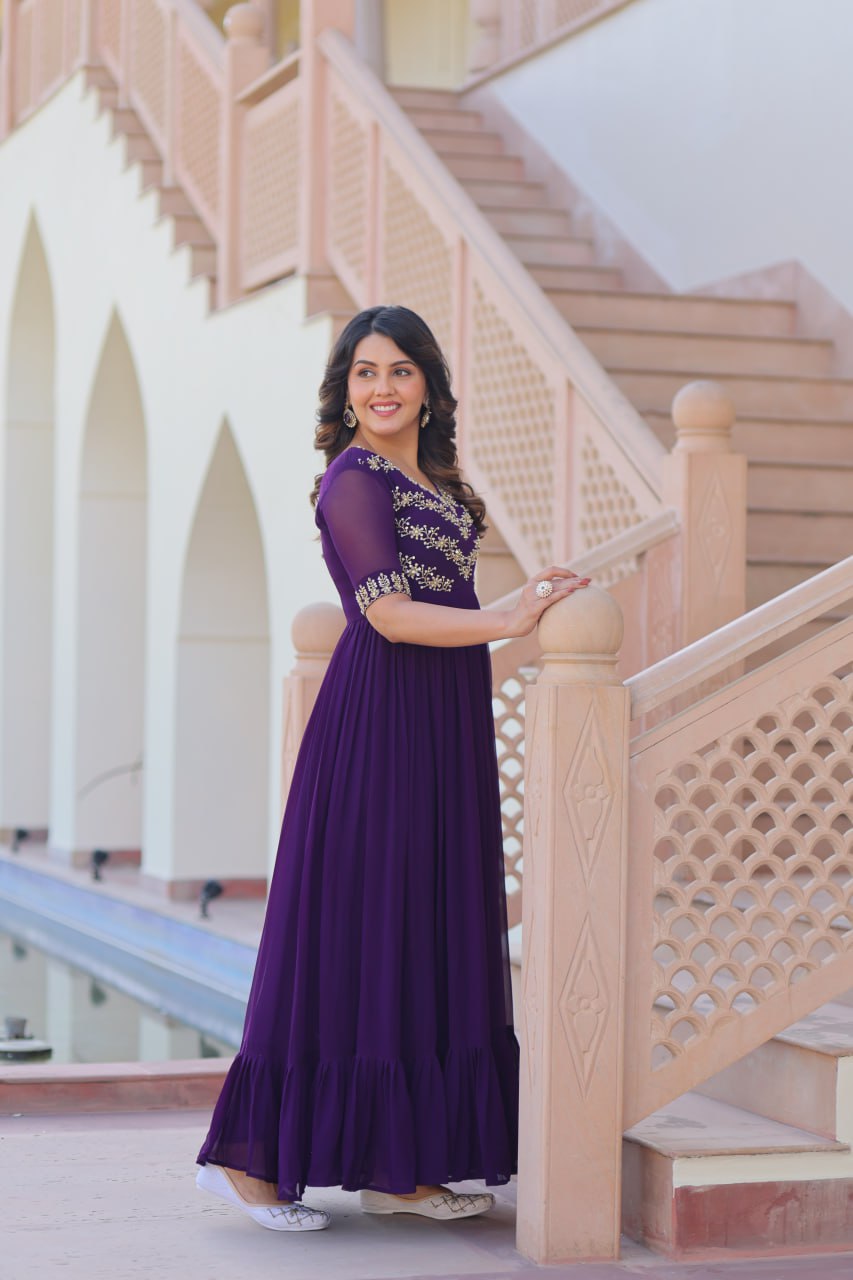 Purple Sequins Multithreaded Beads Embroidered Work Gown