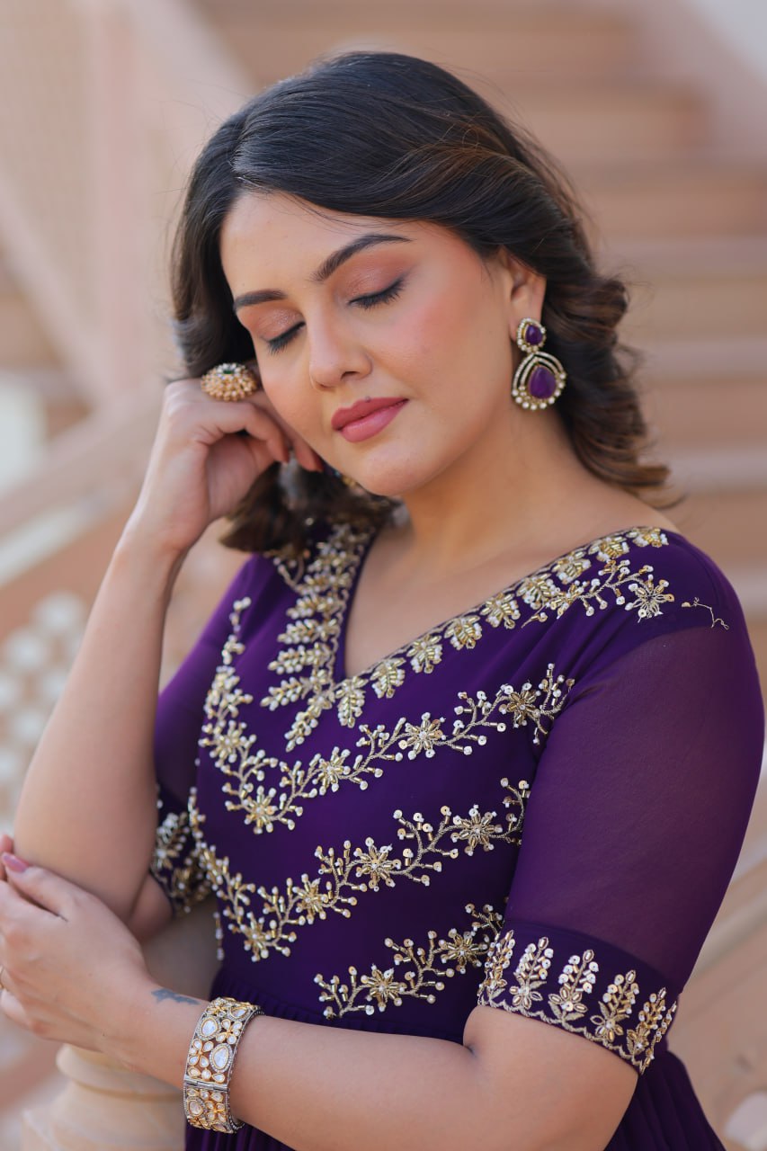Purple Sequins Multithreaded Beads Embroidered Work Gown