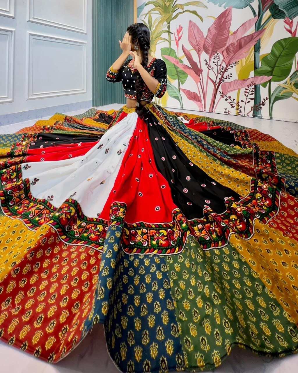 Multicolor Fancy Digital Print Real Mirror Work Navaratri Lehenga Choli