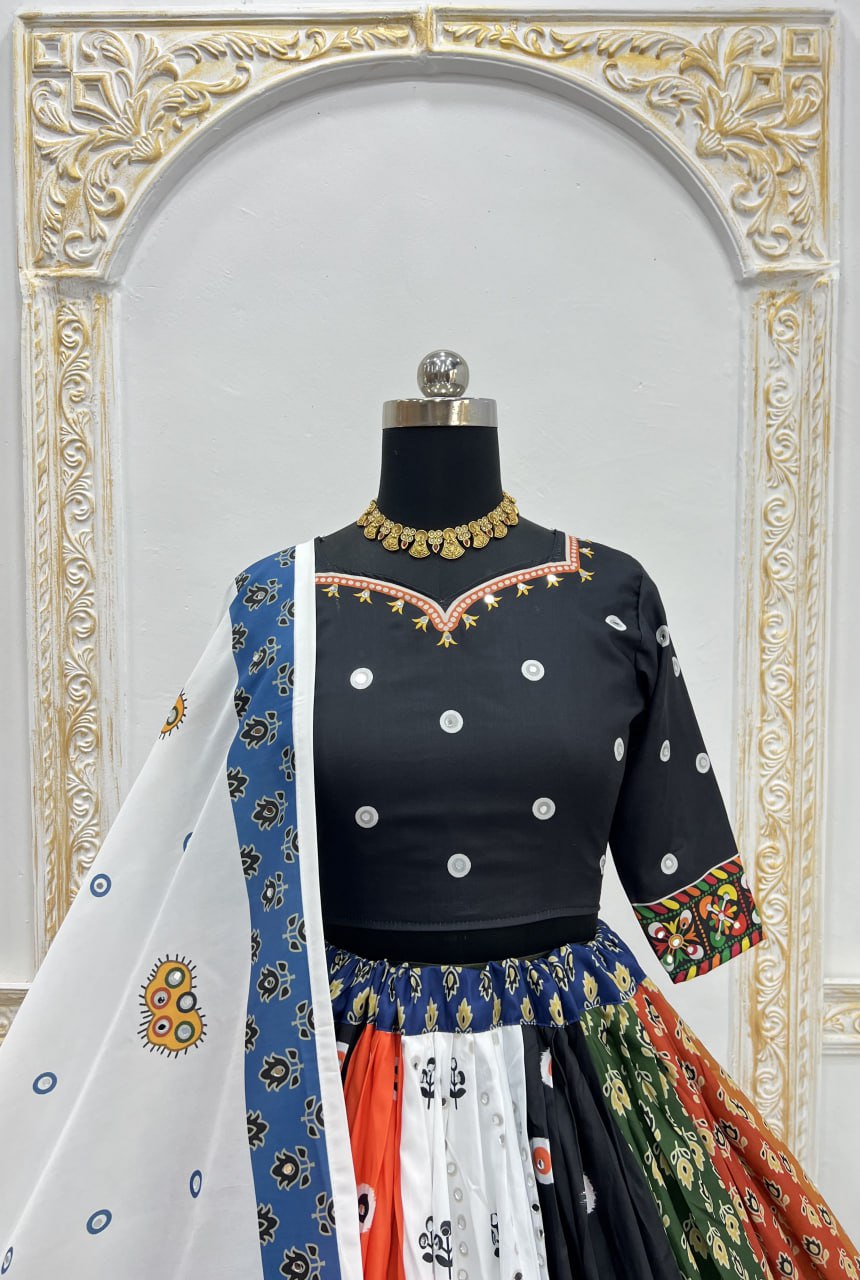 Multicolor Fancy Digital Print Real Mirror Work Navaratri Lehenga Choli