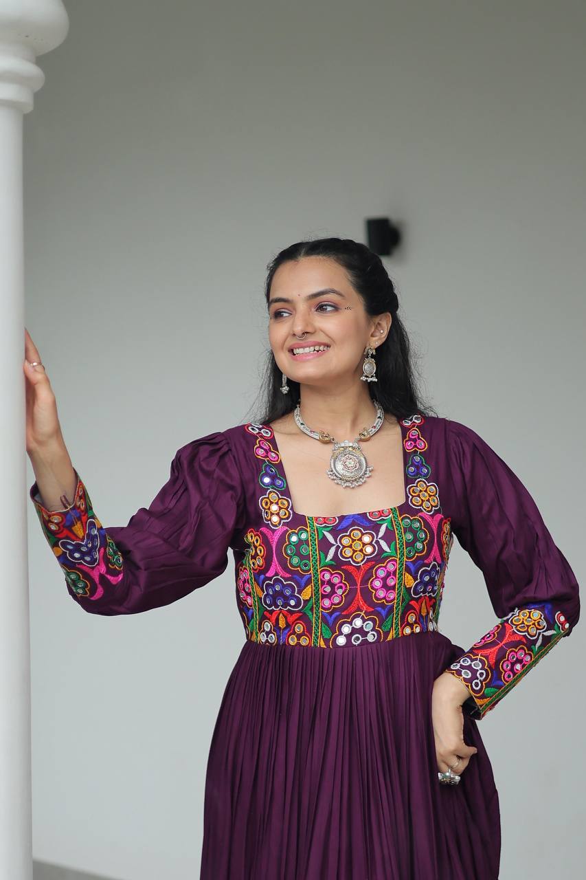 Wine Rayon Kutchi Gamthi Work Navratri Special Gown