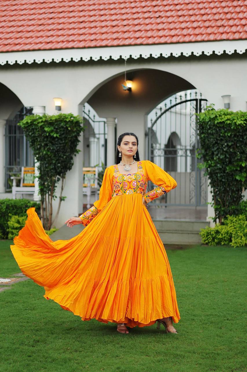 Yellow Rayon Kutchi Gamthi Work Navratri Special Gown